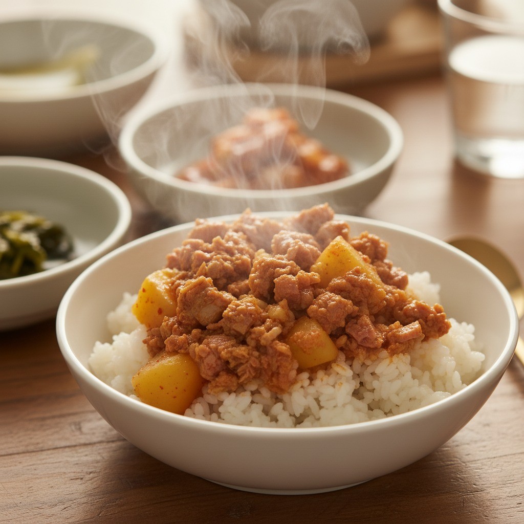 감자짜글이 완성 - 흰 쌀밥 위에 듬뿍 올려 비벼먹기 직전