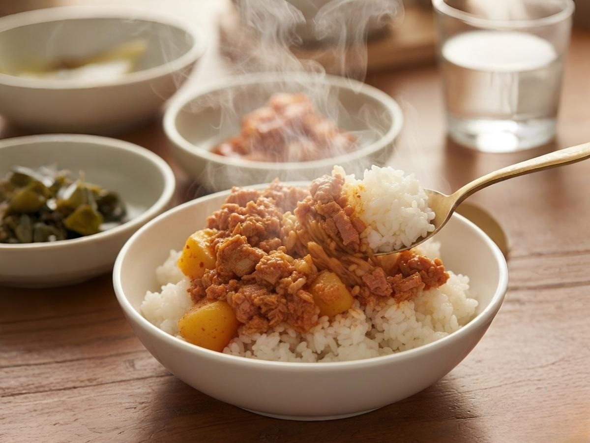 양세형 감자짜글이 완성본 - 밥 위에 듬뿍 올라간 먹음직스러운 모습