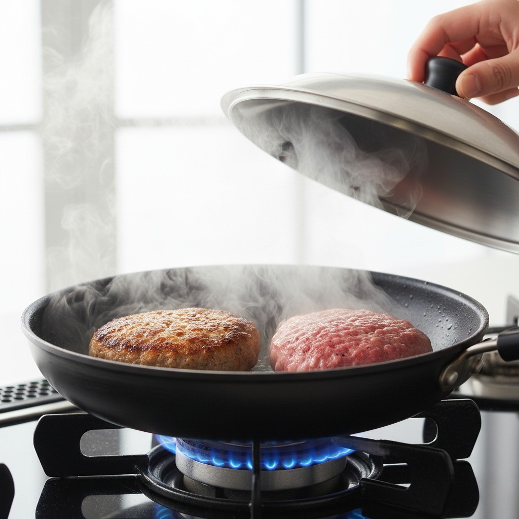 팬에서 증기로 함박스테이크 속까지 익히는 방법