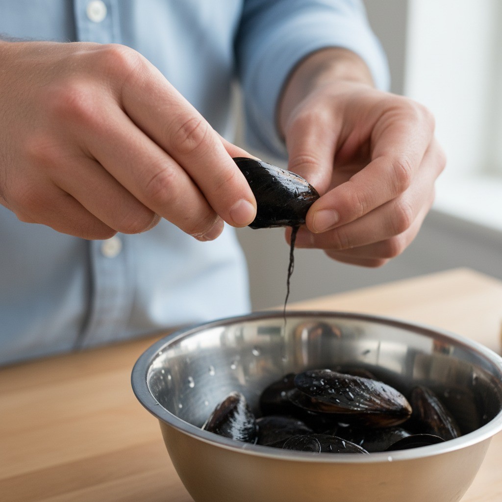 홍합 껍데기의 족사(수염)를 손으로 제거하는 모습