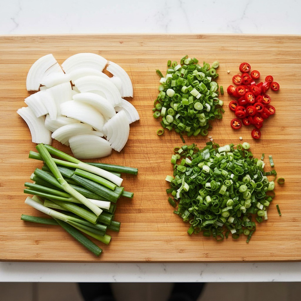 도마 위에 육수용과 고명용으로 썬 대파와 양파, 고추