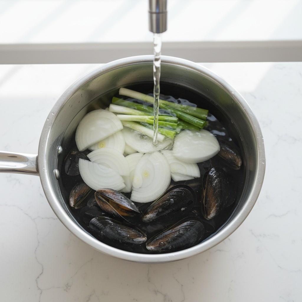 냄비에 찬물과 손질한 홍합, 육수용 채소를 넣은 모습