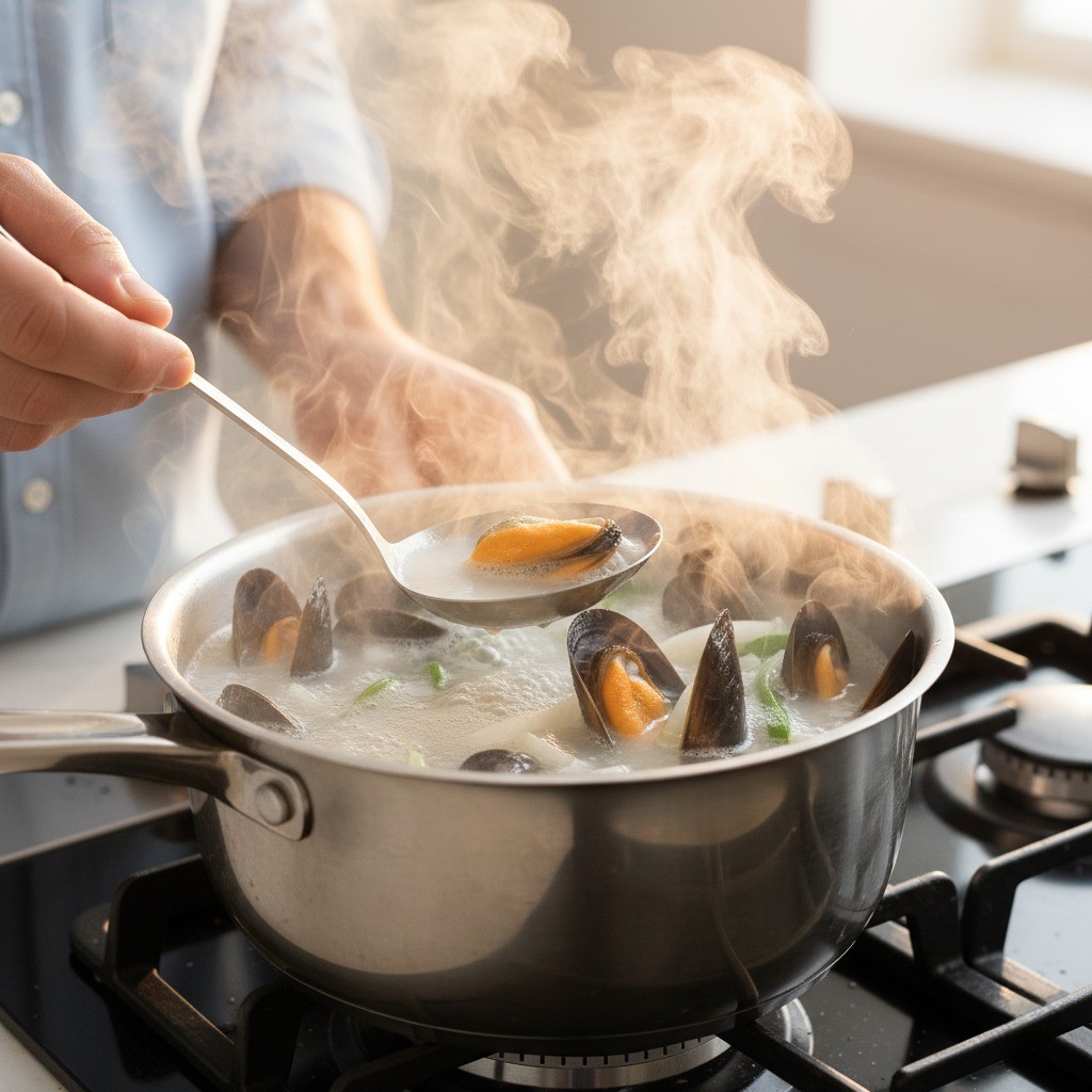 홍합이 입을 벌리고 뽀얀 국물이 우러나온 백종원 홍합탕