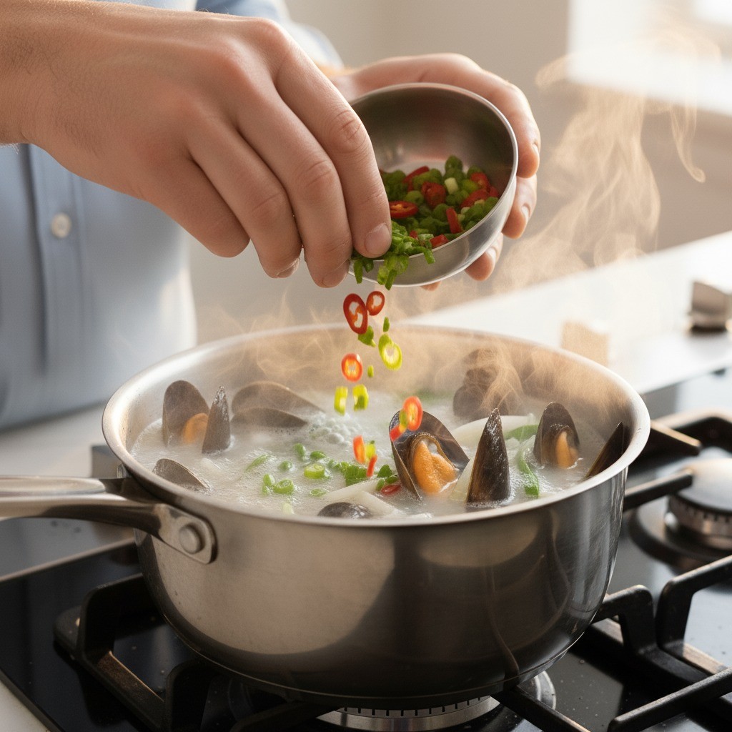 완성된 홍합탕에 고명으로 썬 대파와 고추를 올리는 모습