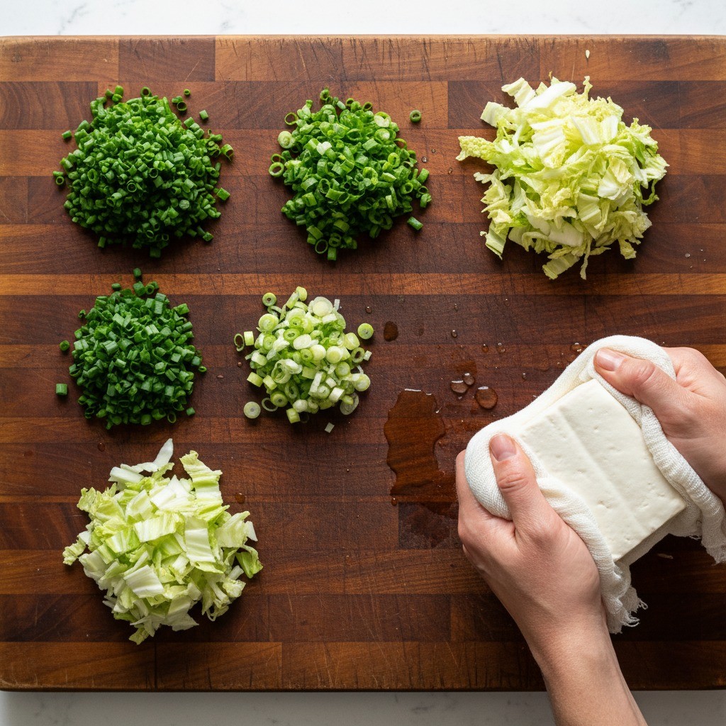 백종원 만두 레시피 1단계 - 두부 물기 짜기 및 부추, 대파, 배추 다지기