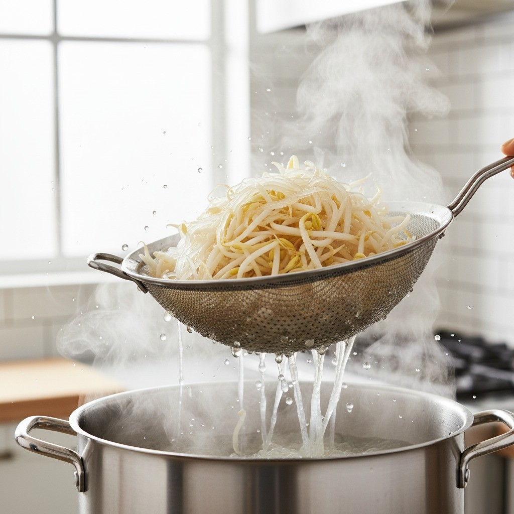 고기만두 소에 들어갈 숙주와 당면 데친 후 물기 짜는 모습
