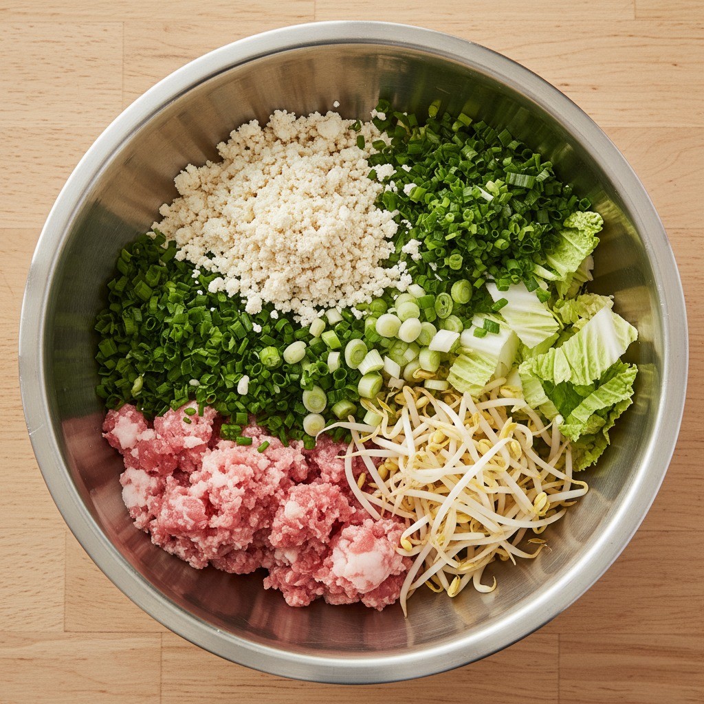 백종원 고기만두 소 재료 - 간 돼지고기, 숙주, 두부, 채소를 큰 볼에 담은 모습