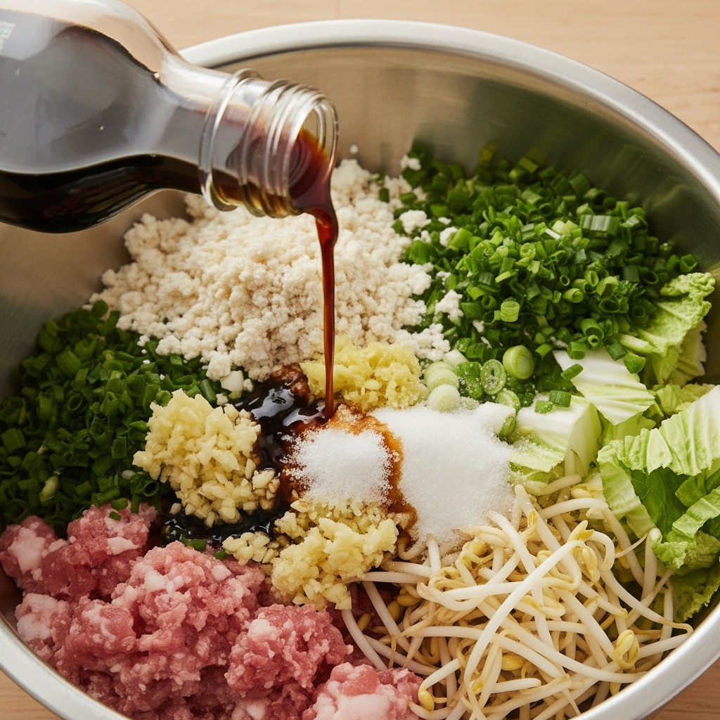 만두소에 간장, 간마늘, 설탕 등 양념을 넣고 버무리는 과정