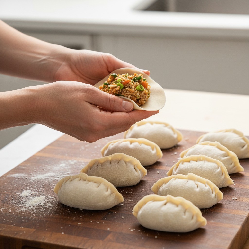손으로 만두피에 고기만두 소를 넣고 주름 잡아 빚는 모습