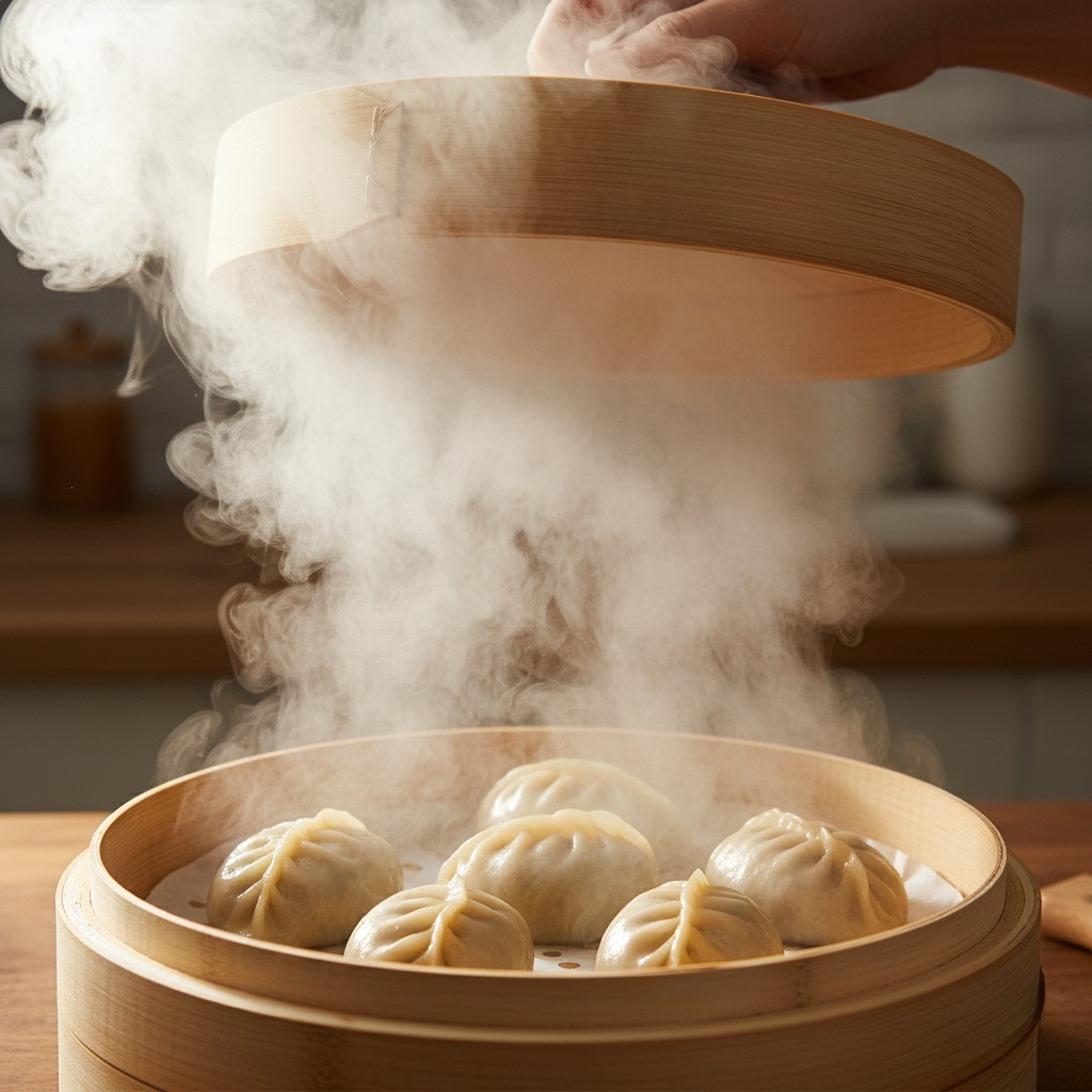 김이 오르는 찜기에서 고기만두가 맛있게 쪄지고 있는 모습