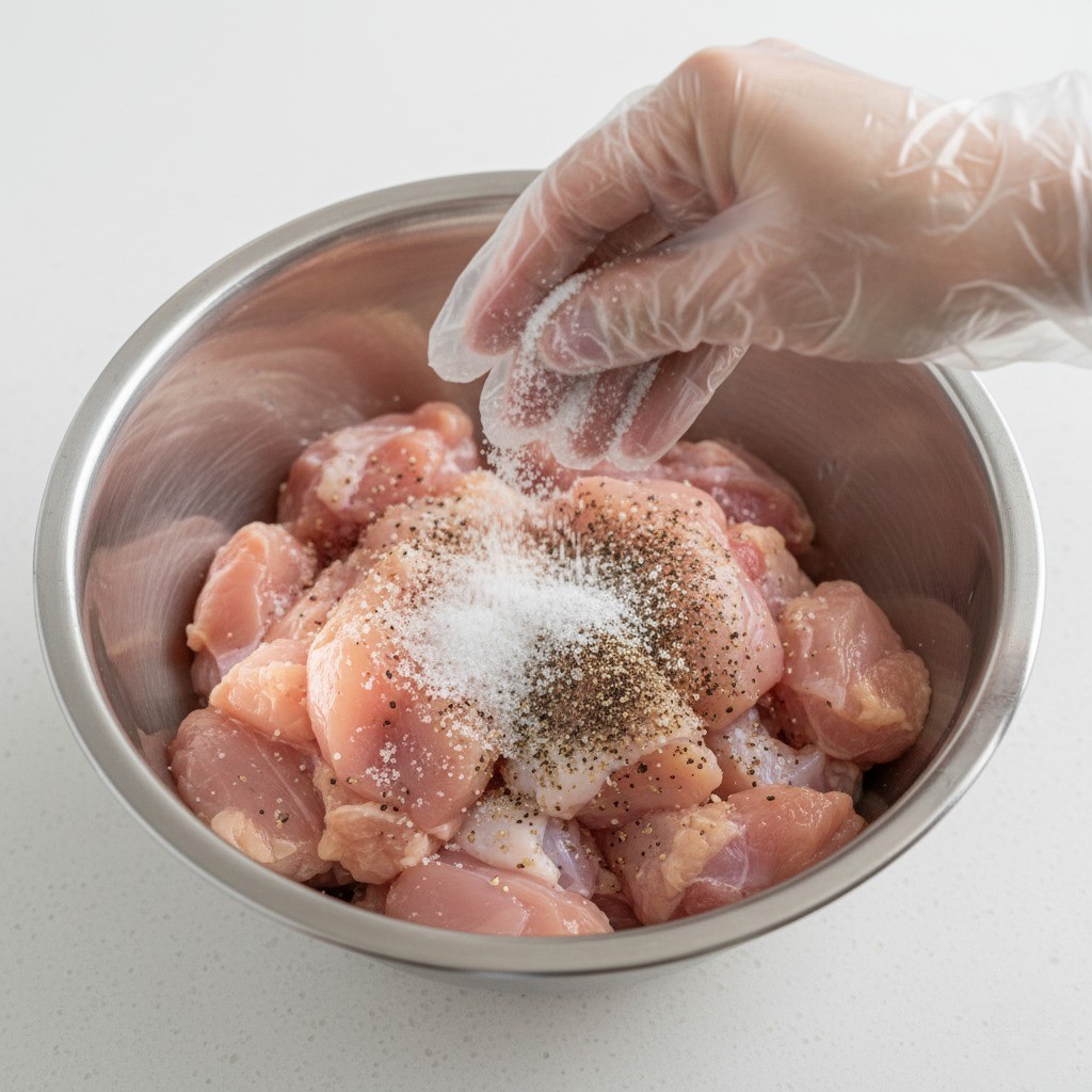 토막닭에 맛소금과 후추를 뿌려 염지(밑간)하는 과정