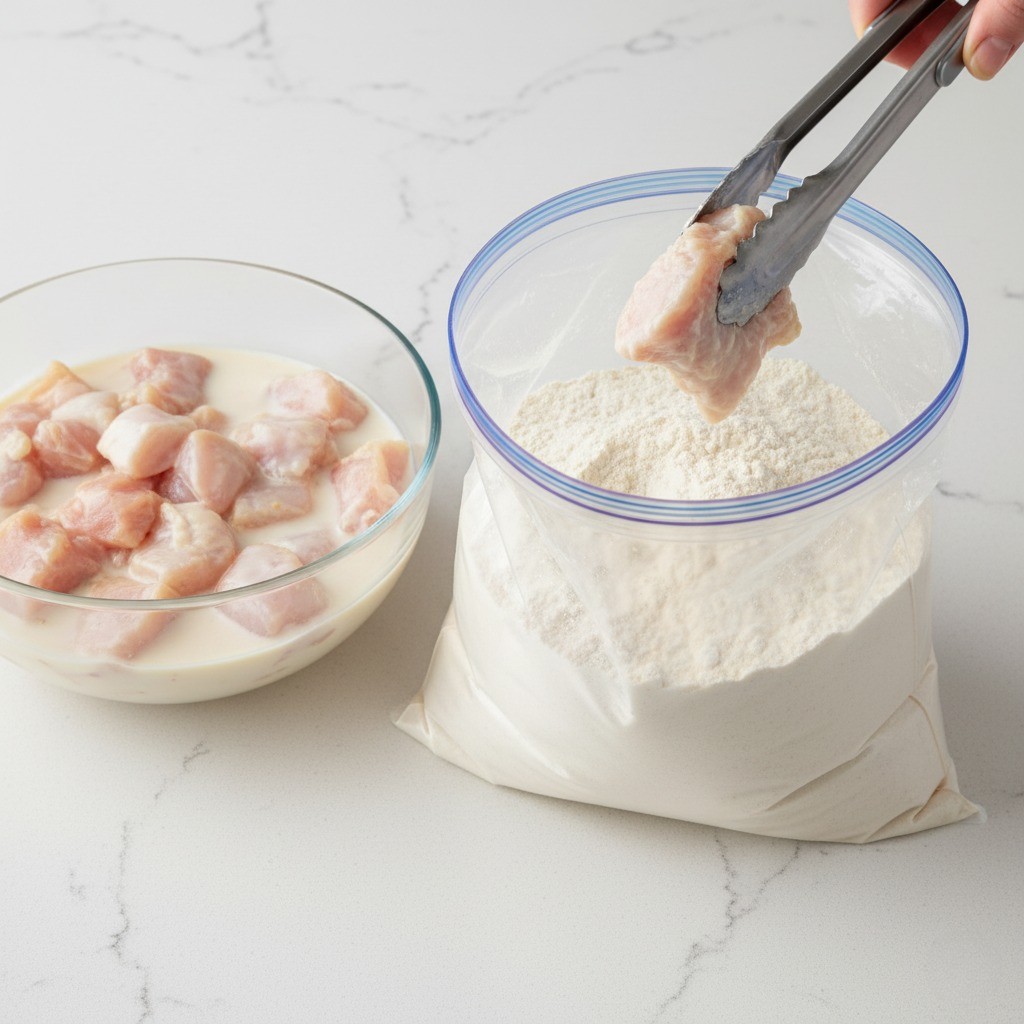 닭고기를 묽은 반죽에 묻힌 뒤, 마른 튀김가루 봉투에서 2차 튀김옷 입히기