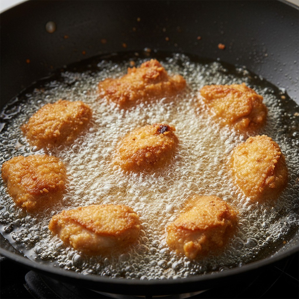 끓는 기름에서 닭고기 조각들이 노릇노릇 황금빛으로 튀겨지는 중