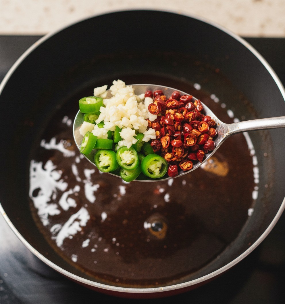 고마치킨 소스: 끓는 간장 양념에 다진 마늘과 청양고추를 듬뿍 넣는 모습