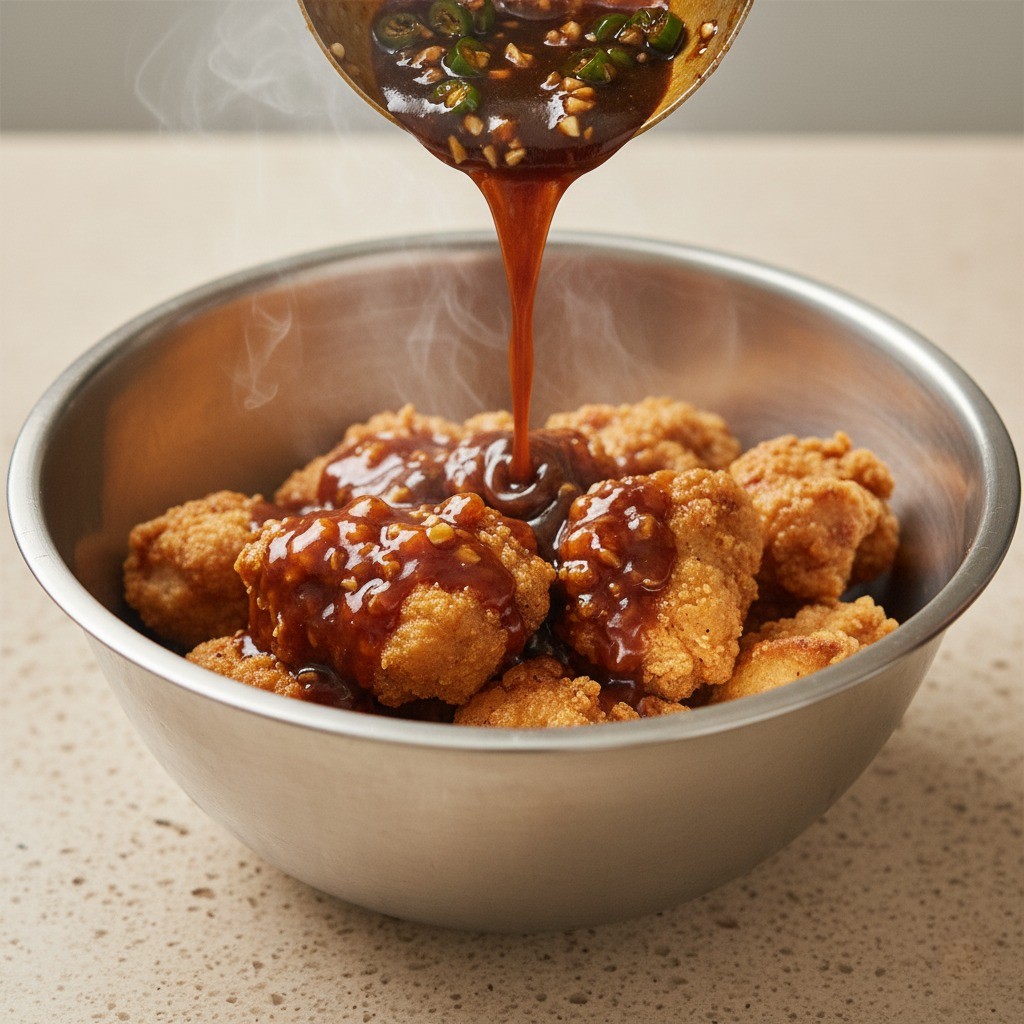 갓 튀긴 바삭한 치킨에 고추마늘 간장 소스를 부어 버무리는 완성 단계