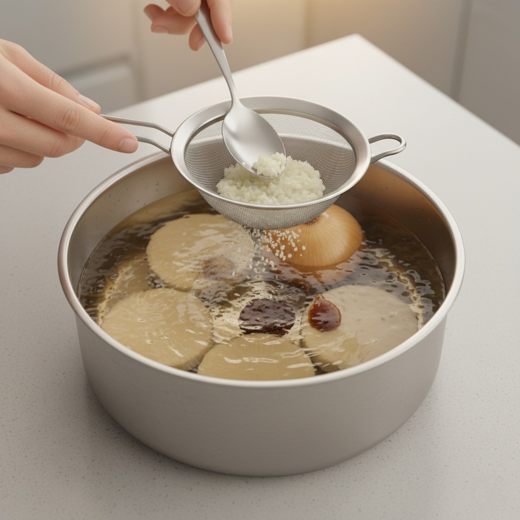 어묵전골 육수에 체로 간마늘 풀어 향 더하기