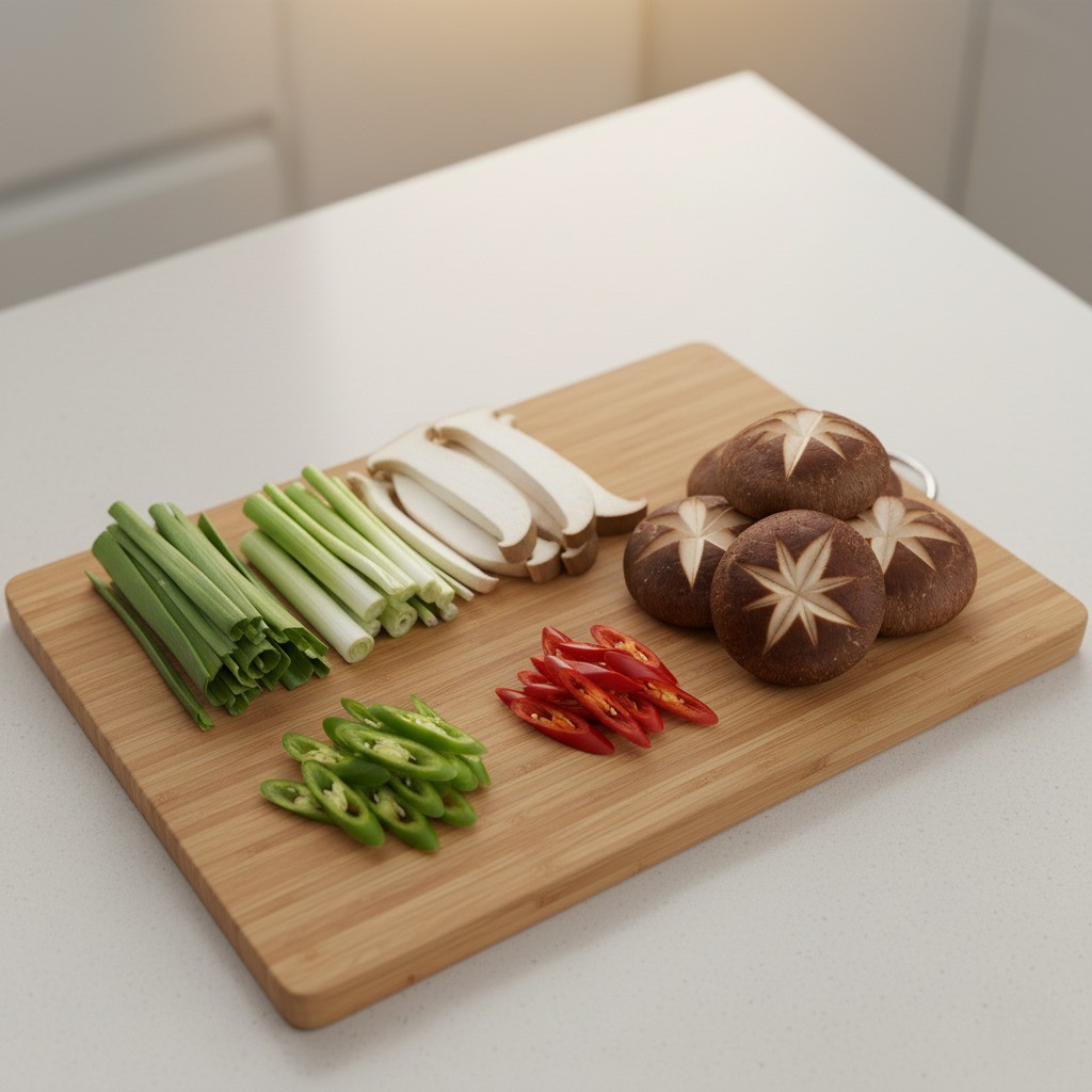 어묵전골용 채소 손질 - 대파, 고추, 표고버섯 십자 칼집 내기