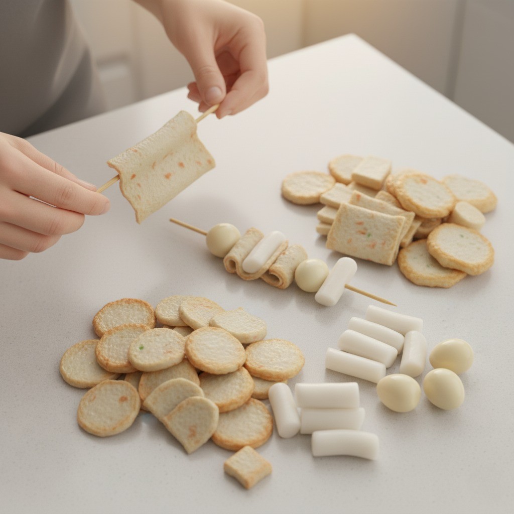 어묵전골 꼬치 만들기 - 사각어묵, 가래떡, 메추리알 꽂기