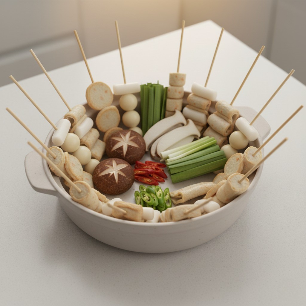 전골 냄비에 어묵 꼬치와 채소 예쁘게 담기
