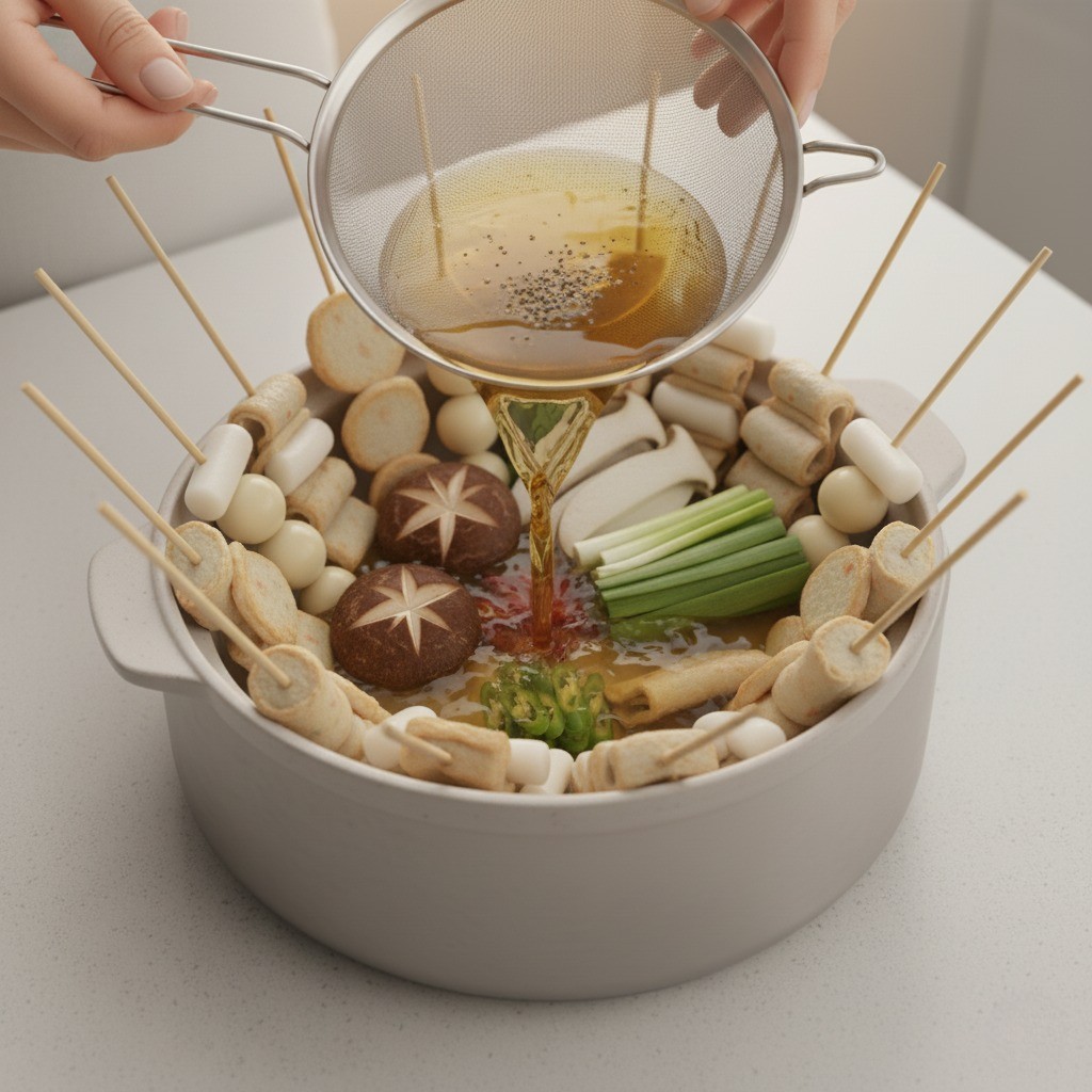 어묵전골 냄비에 완성된 육수 붓기