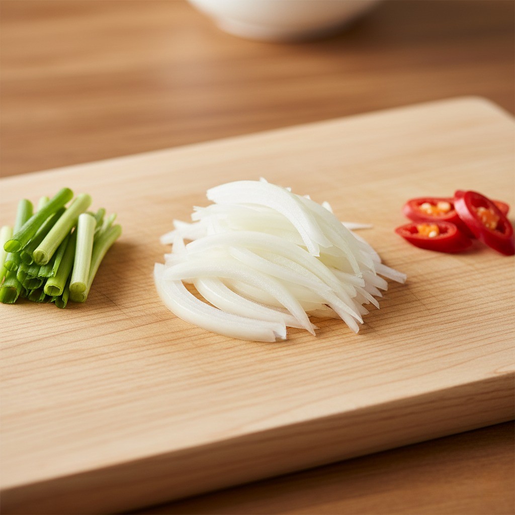 고등어 김치찜용 양파, 대파, 청양고추 손질하는 모습