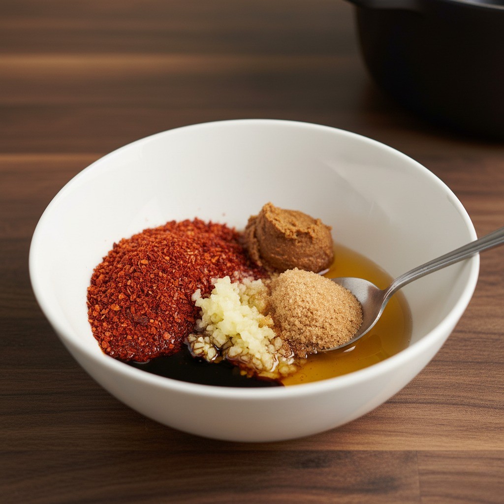 흰 그릇에 담긴 고등어 김치찜 양념장 재료 (된장, 고춧가루, 간마늘)