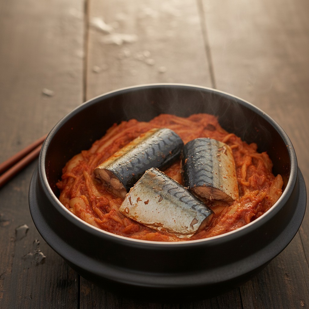 냄비 바닥에 신김치를 깔고 그 위에 고등어 통조림 올린 모습