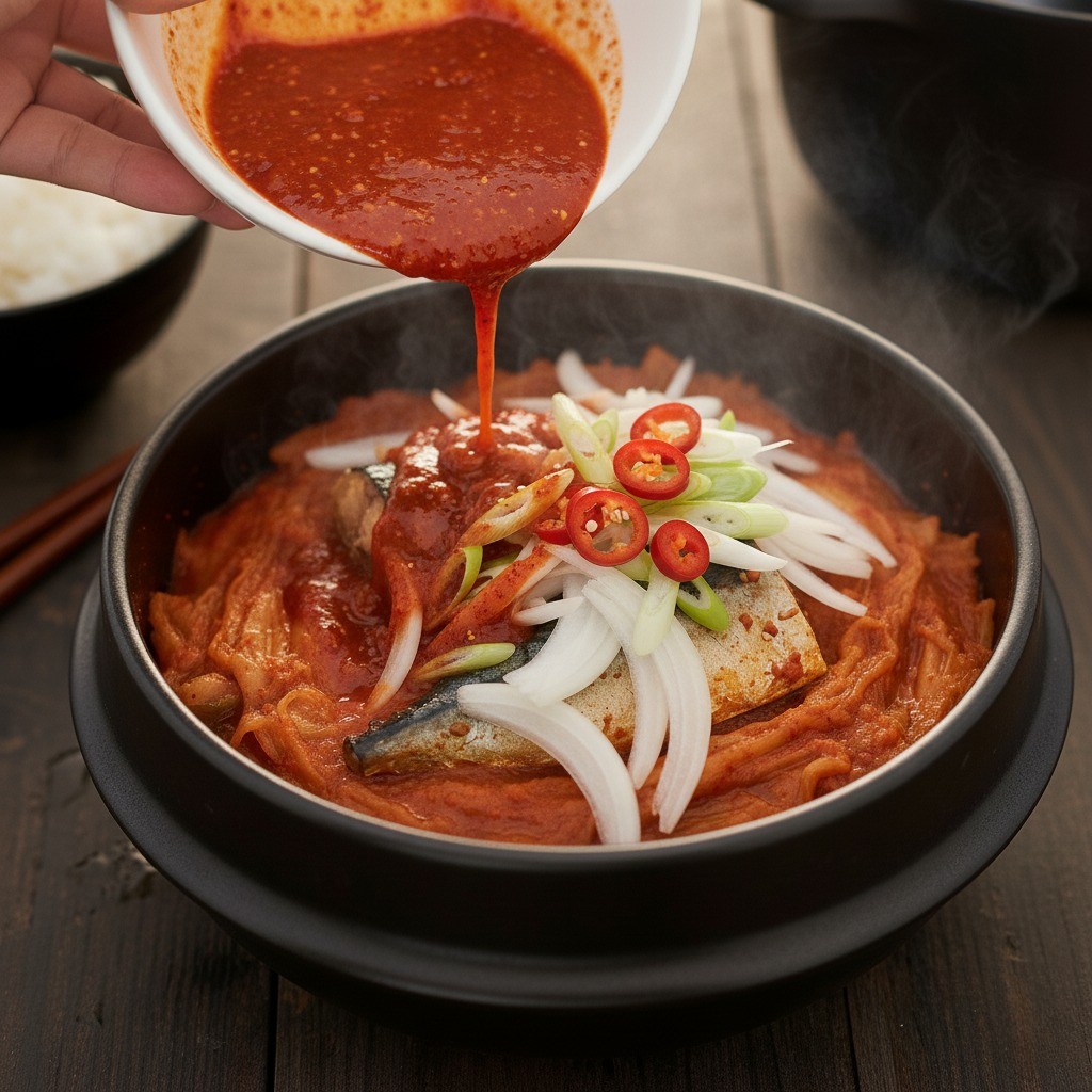 고등어와 김치 위에 손질한 채소와 붉은 양념장을 얹은 모습