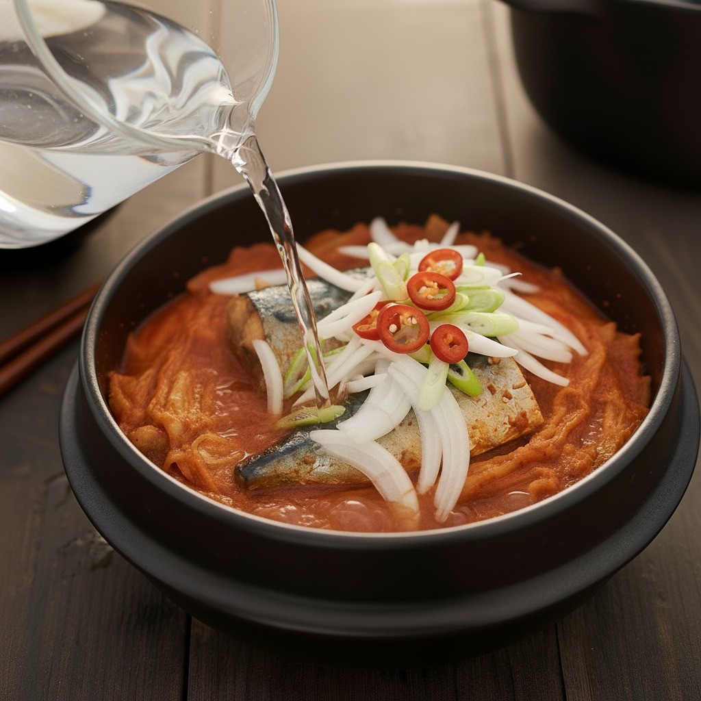 재료가 담긴 냄비 가장자리에 물(육수)을 붓는 모습