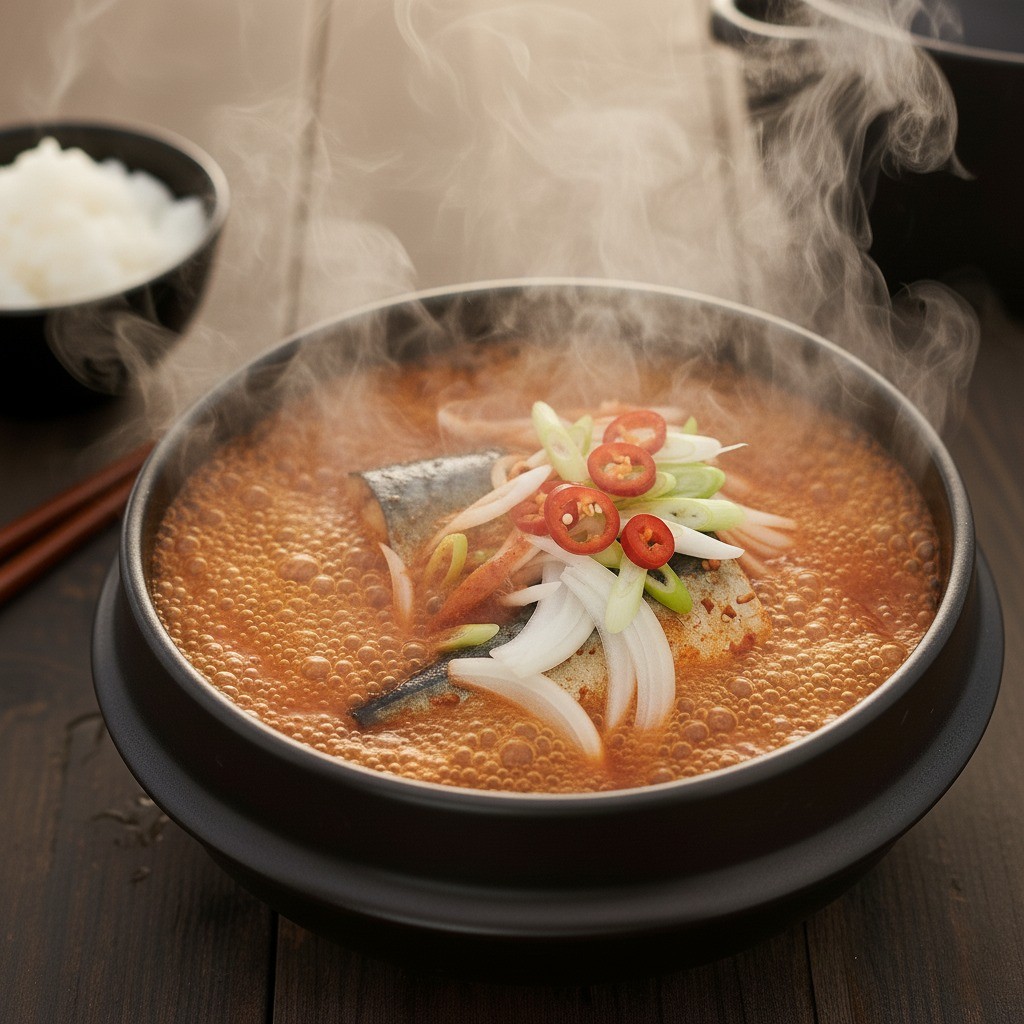 붉은 국물이 자작하게 졸아들며 맛있게 끓고 있는 고등어 김치찜
