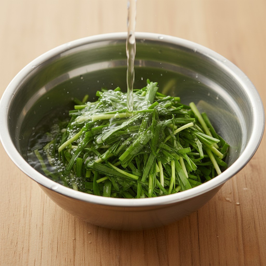 편육냉채 재료 준비 - 파채 물에 헹구기