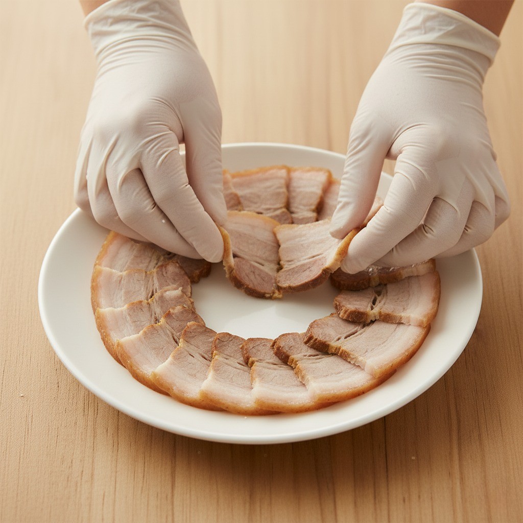 편육냉채 플레이팅 - 접시에 편육 돌려 담기