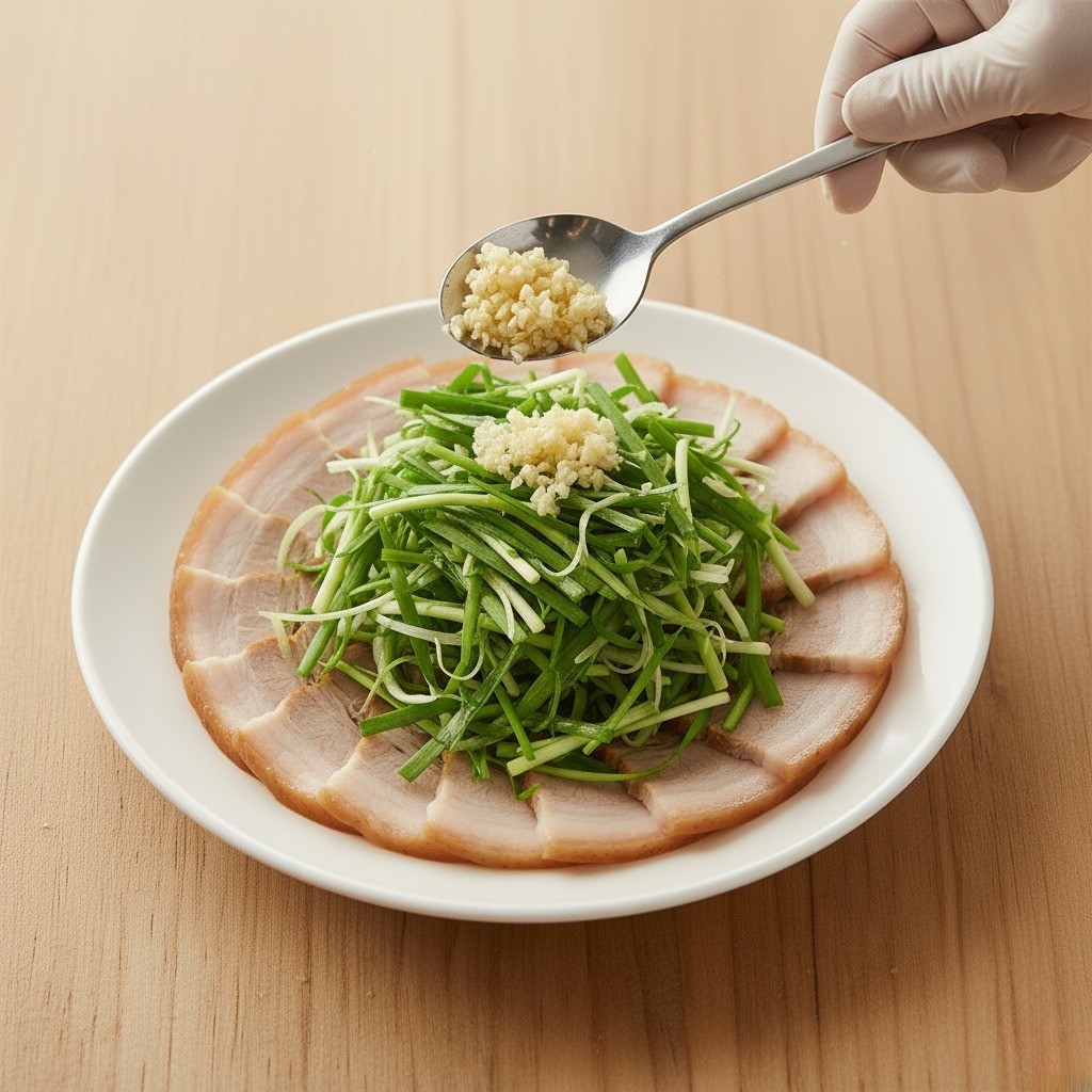 편육냉채 만들기 - 편육 위에 파채와 다진 마늘 올리기