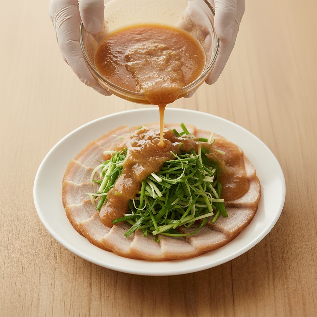 편육냉채 완성 - 파채 위에 1:1 소스 뿌리기