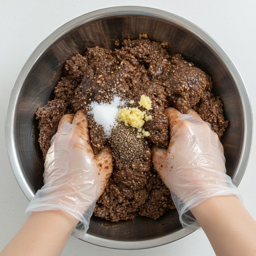 볼에 간 소고기와 간장, 설탕, 마늘을 넣고 떡갈비 패티 반죽을 치대는 모습