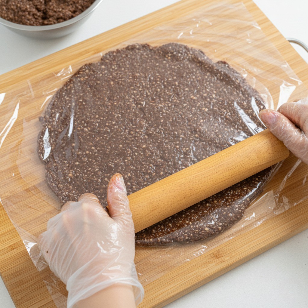 비닐 사이에 떡갈비 반죽을 넣고 얇고 넓게 펴서 햄버거 패티 모양을 잡는 과정