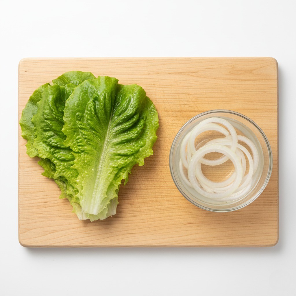 떡갈비 버거에 들어갈 신선한 상추와 찬물에 담가 매운맛을 빼는 양파 슬라이스