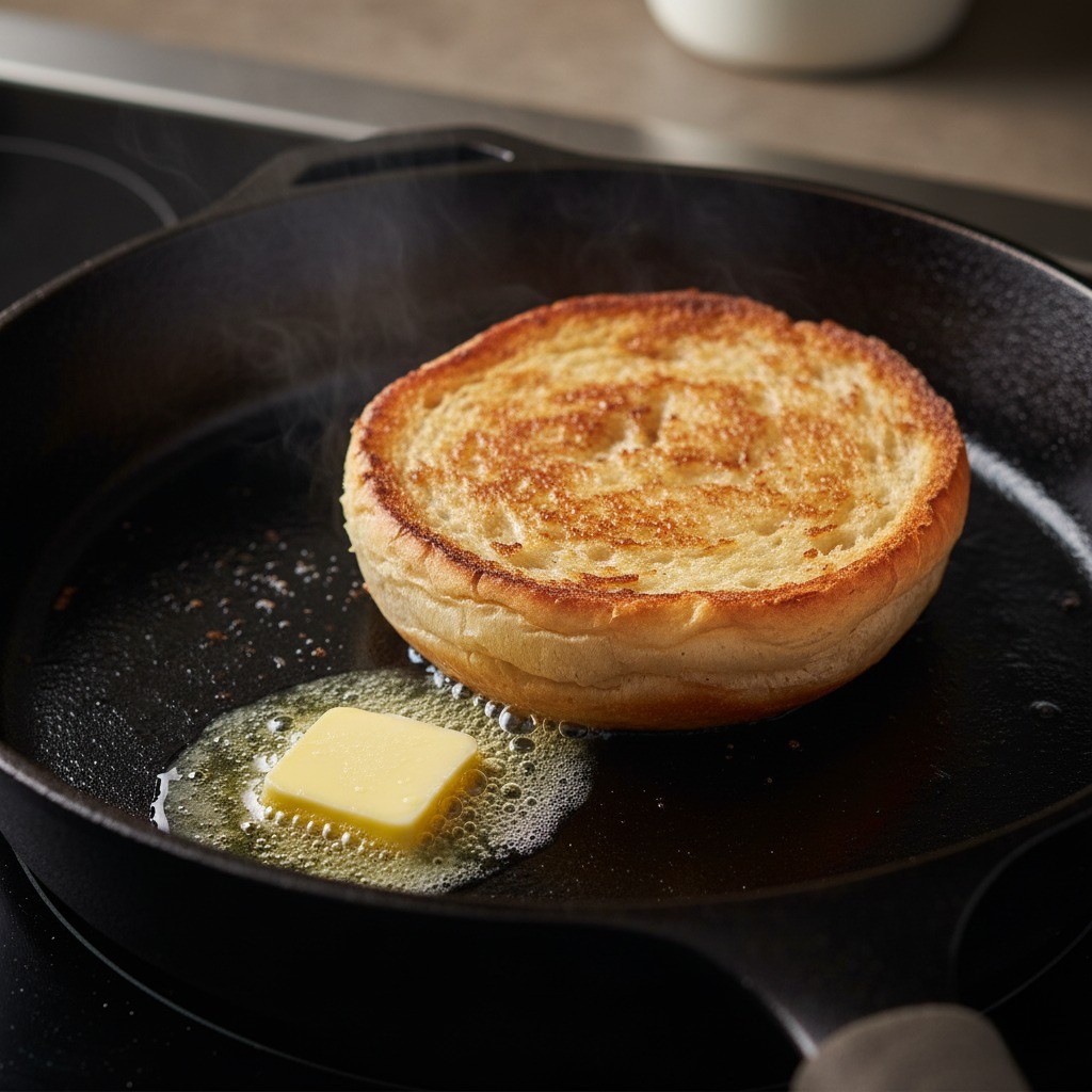 버터를 녹인 팬에 햄버거 빵 안쪽 면을 노릇하게 굽는 장면
