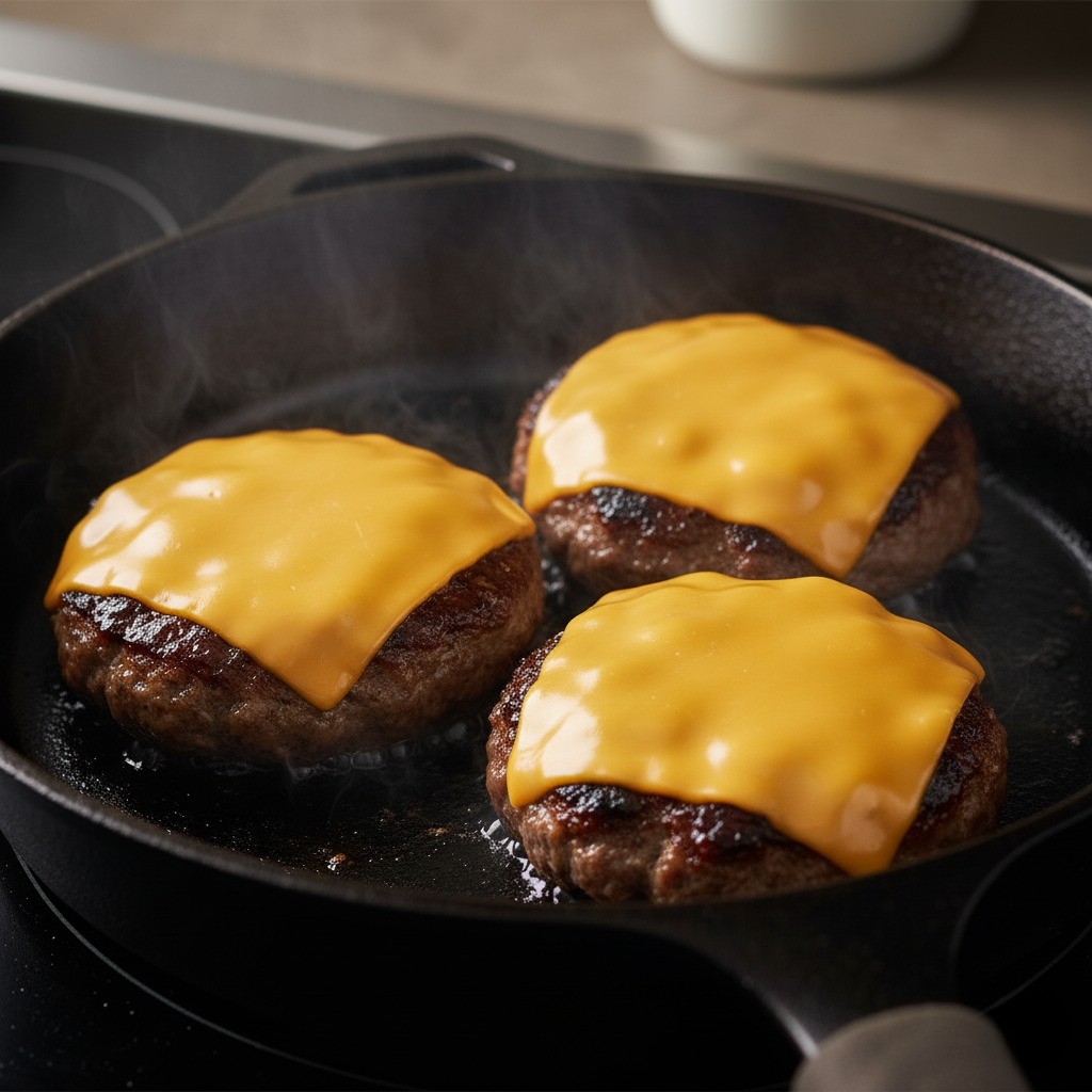 뜨거운 팬에서 떡갈비 패티 3장을 굽고 그 위에 체다 치즈를 올려 녹이는 모습