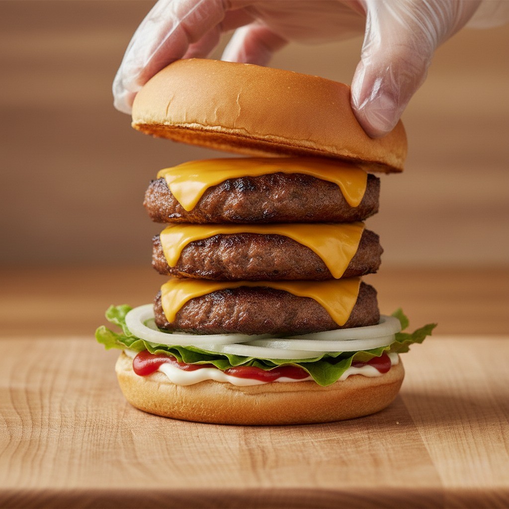 구운 햄버거 빵에 상추, 양파, 치즈 올린 떡갈비 패티를 쌓아 붹붹버거를 조립하는 과정