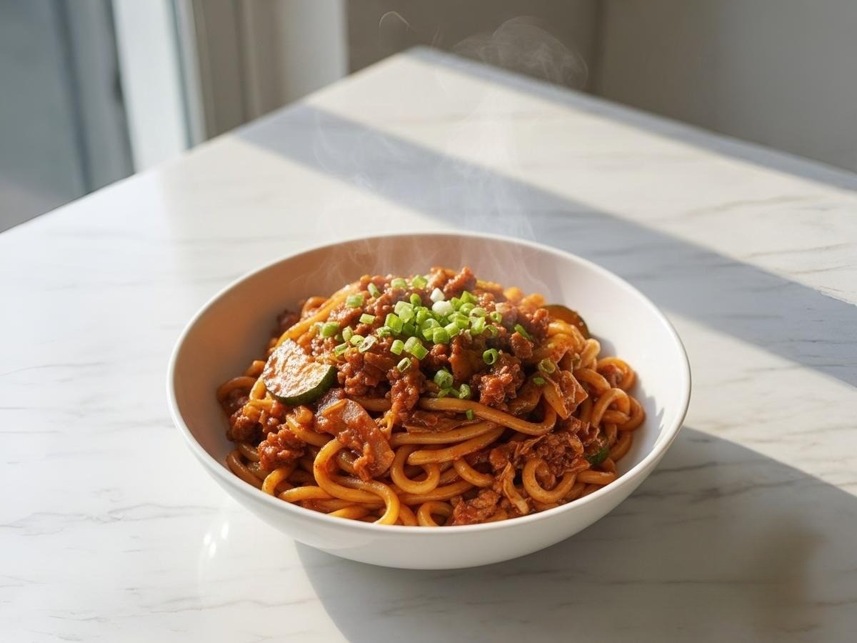 백종원 중화제육면 완성 요리, 돼지고기 뒷다리살로 만든 불맛 가득한 붉은 소스의 면 요리