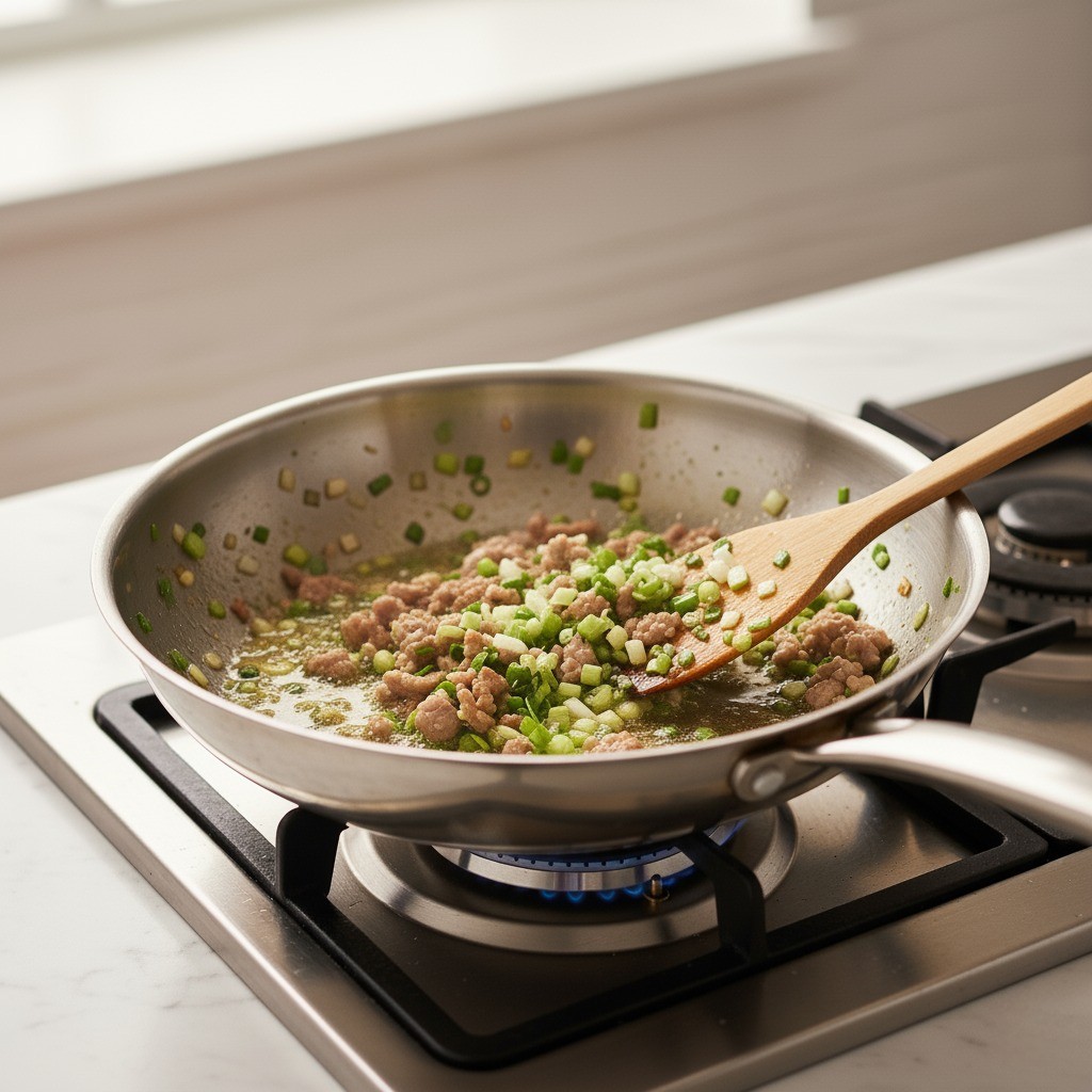 중화제육면 레시피 과정 1: 대파와 돼지고기 뒷다리살을 식용유에 볶아 파기름과 고기 기름 내기