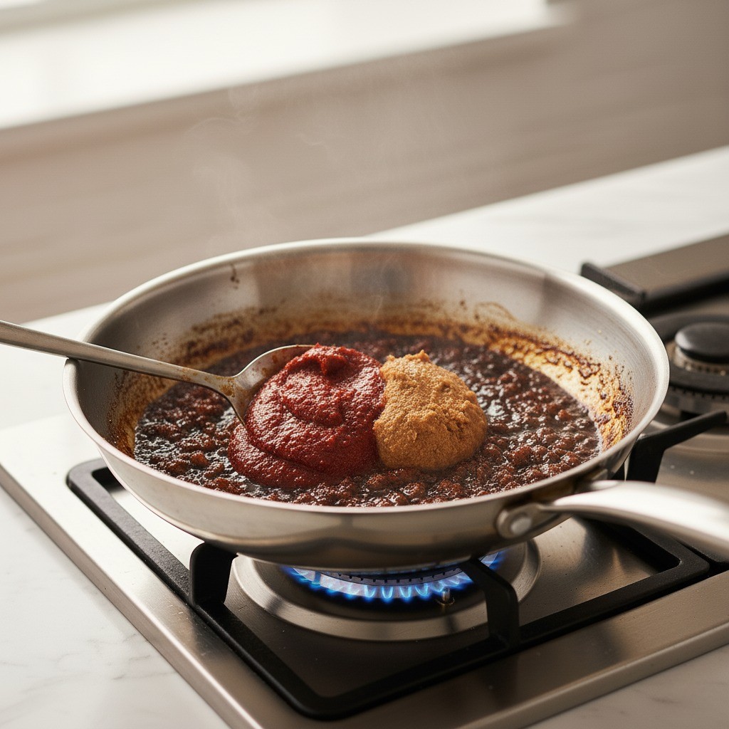 중화제육면 레시피 과정 2: 설탕, 간장, 고추장, 된장을 넣어 춘장처럼 볶아 불맛 입히기