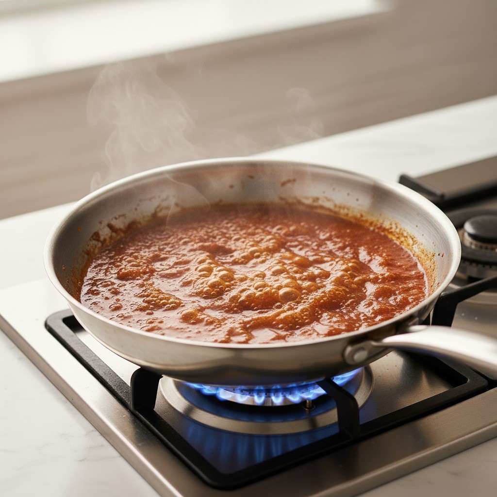 중화제육면 레시피 과정 3: 고춧가루와 물을 붓고 걸쭉하게 끓여낸 붉은색 매운 제육 소스