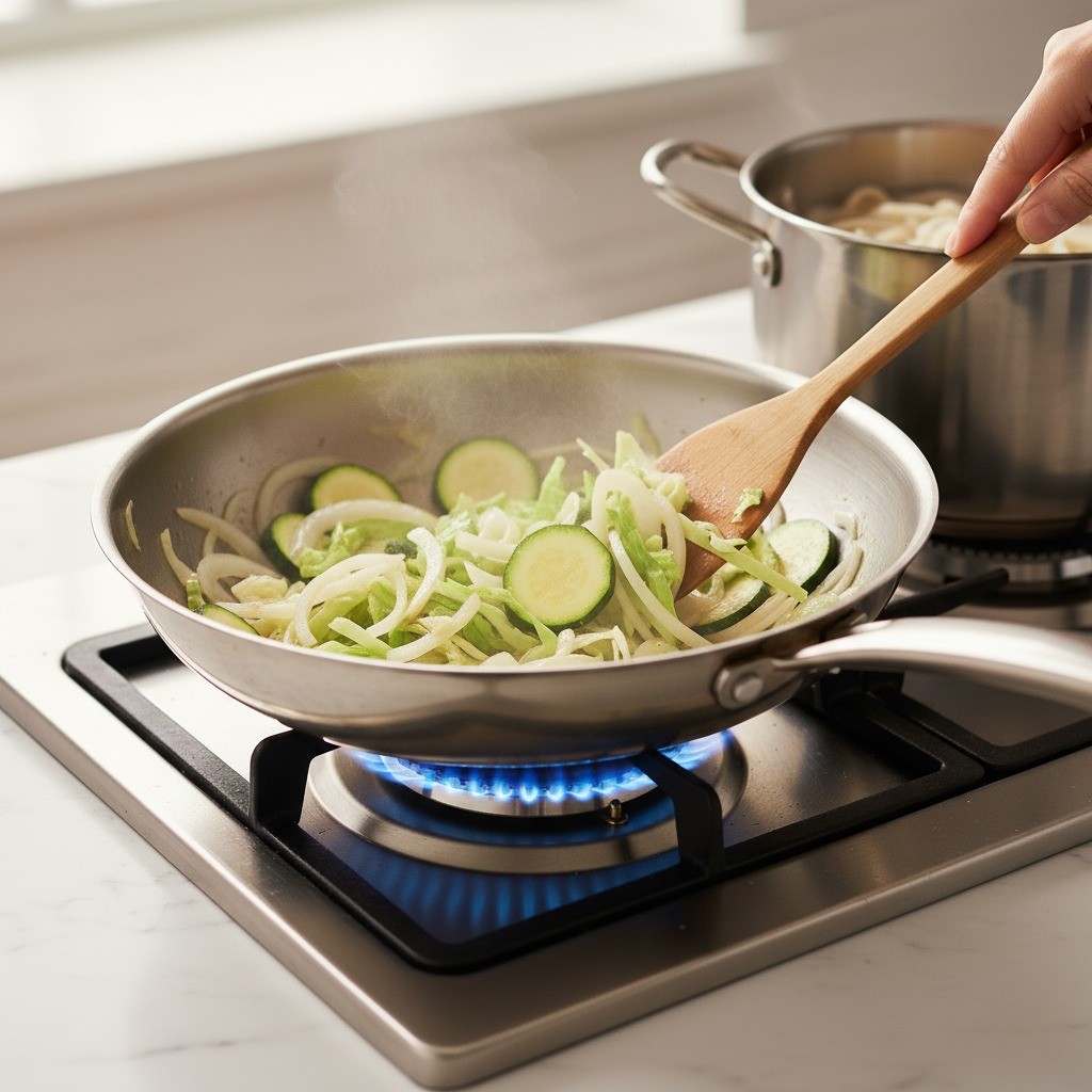 중화제육면 레시피 과정 4: 양파, 양배추, 애호박 등 채소를 센 불에 볶아 불맛 내기