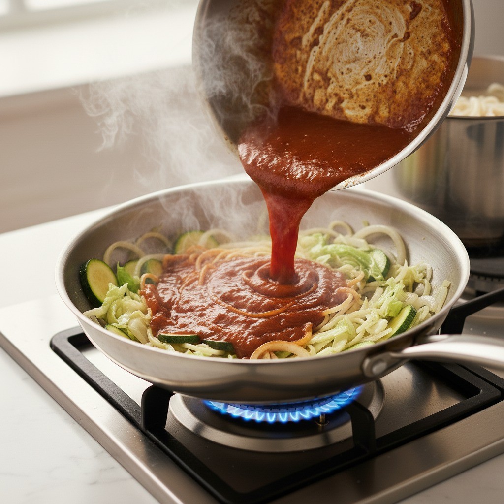 백종원 중화제육면 완성: 삶은 면 위에 볶은 채소와 매콤한 제육 소스를 얹은 먹음직스러운 모습