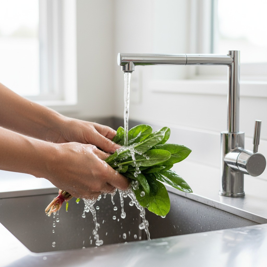 시금치나물 재료 손질, 시금치 뿌리 다듬고 흐르는 물에 흙 씻어내기