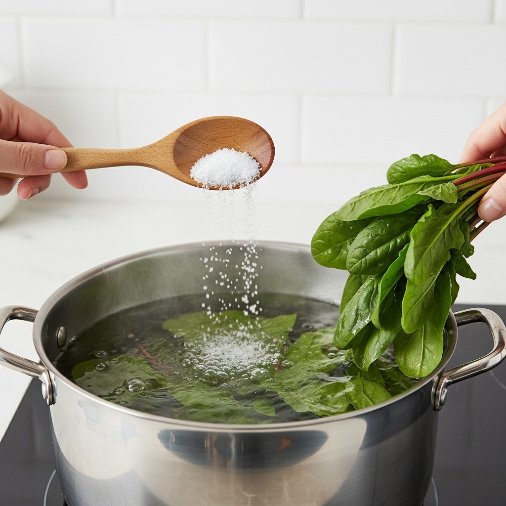 시금치 데치기, 끓는 소금물에 시금치를 넣어 30초간 짧게 데치는 과정