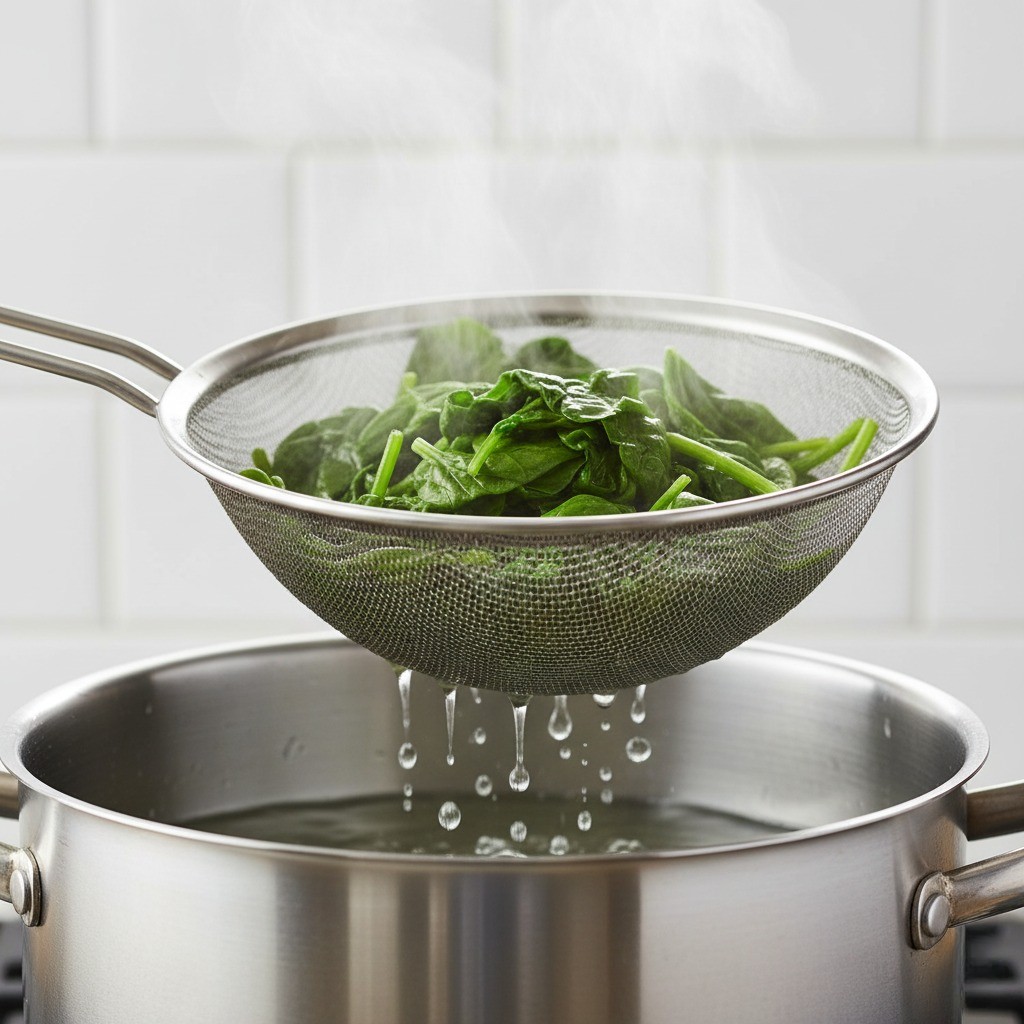 데친 시금치 건져내기, 아삭한 식감을 위해 빠르게 건져 찬물에 헹구는 방법