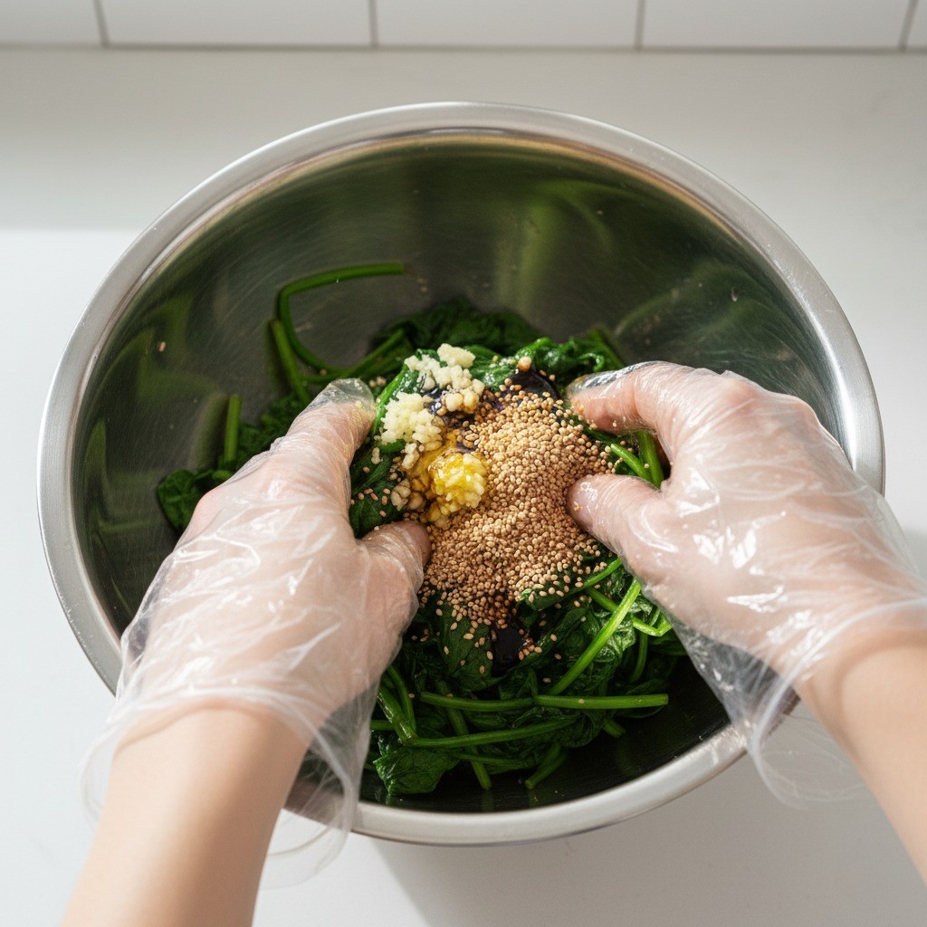 시금치나물 양념 무치기, 간 마늘 국간장 참기름 깨소금 넣고 조물조물 무치는 법